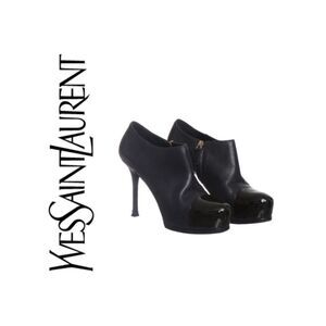 Yves Saint Laurent Tribute Black Leather Cap-Toe Platform Ankle Booties